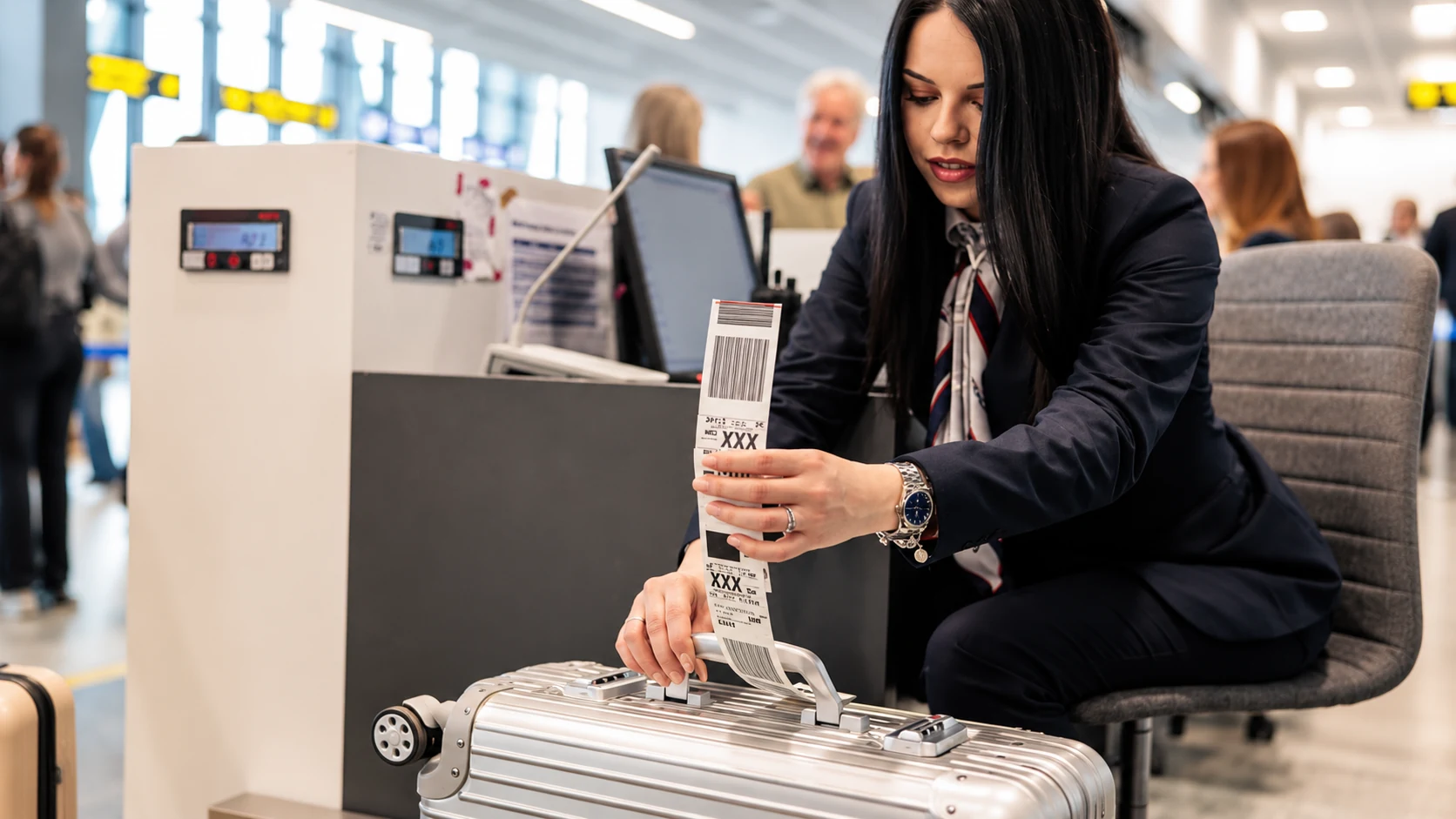 Passageira confere a etiqueta de sua bagagem no aeroporto.